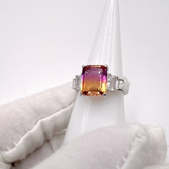 .925 Sterling Silver Padparadscha Sapphire Cz Ring - Picture 6 of 17